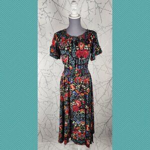 Jaase Colorful Floral Print Smocked Waist Long Midi Dress Feminine Cottagecore